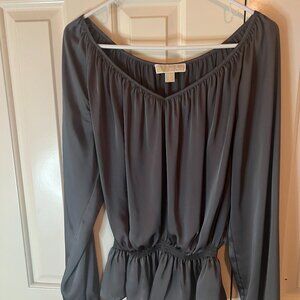 Michael Kors Grey Satin V-Neck with ruffled bottom Size Large